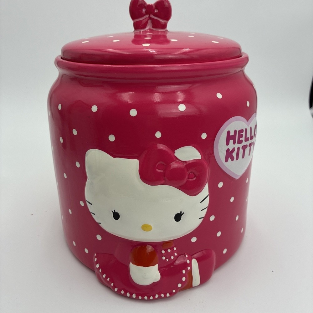 Hello Kitty Pink Polka Dot Ceramic Cookie Jar Sanrio Collectible Canister Bow